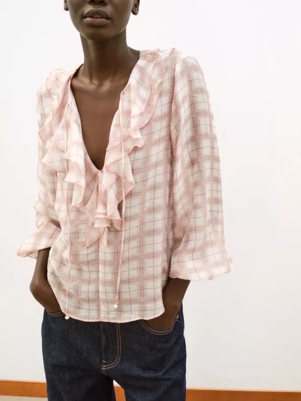 Zara Plaid Ruffled V-Neck Blouse in Soft Pink NWT